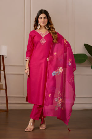 Women Embroidered Regular Pure Cotton Kurti with PyjamasWith Dupatta