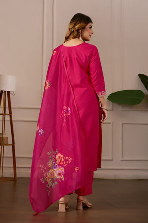 Women Embroidered Regular Pure Cotton Kurti with PyjamasWith Dupatta
