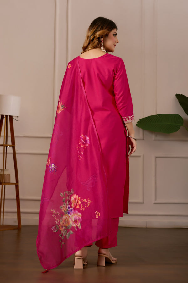 Women Embroidered Regular Pure Cotton Kurti with PyjamasWith Dupatta