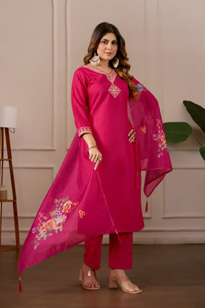 Women Embroidered Regular Pure Cotton Kurti with PyjamasWith Dupatta