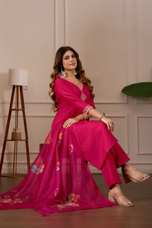 Women Embroidered Regular Pure Cotton Kurti with PyjamasWith Dupatta