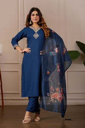 Women Embroidered Regular Pure Cotton Kurti with PyjamasWith Dupatta