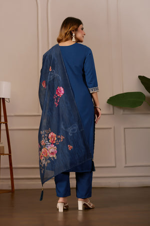 Women Embroidered Regular Pure Cotton Kurti with PyjamasWith Dupatta