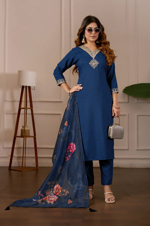 Women Embroidered Regular Pure Cotton Kurti with PyjamasWith Dupatta