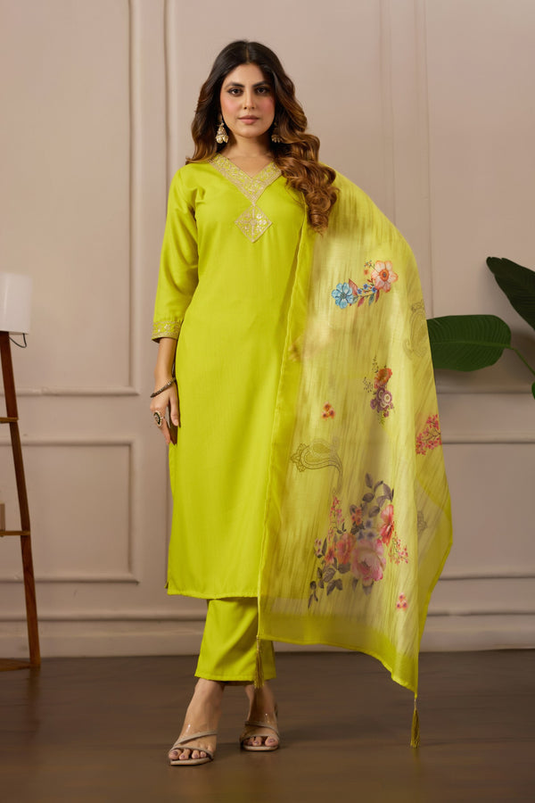 Women Embroidered Regular Pure Cotton Kurti with PyjamasWith Dupatta