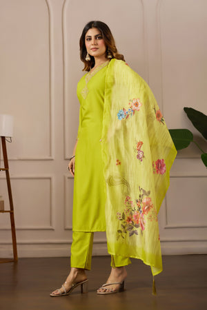 Women Embroidered Regular Pure Cotton Kurti with PyjamasWith Dupatta