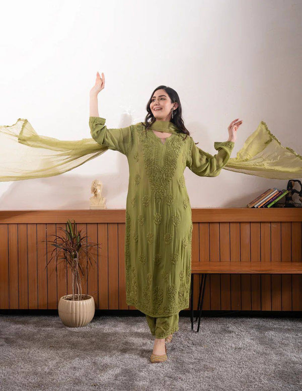 Chikankari floral embroidery  SUIT WITH DUPATTA