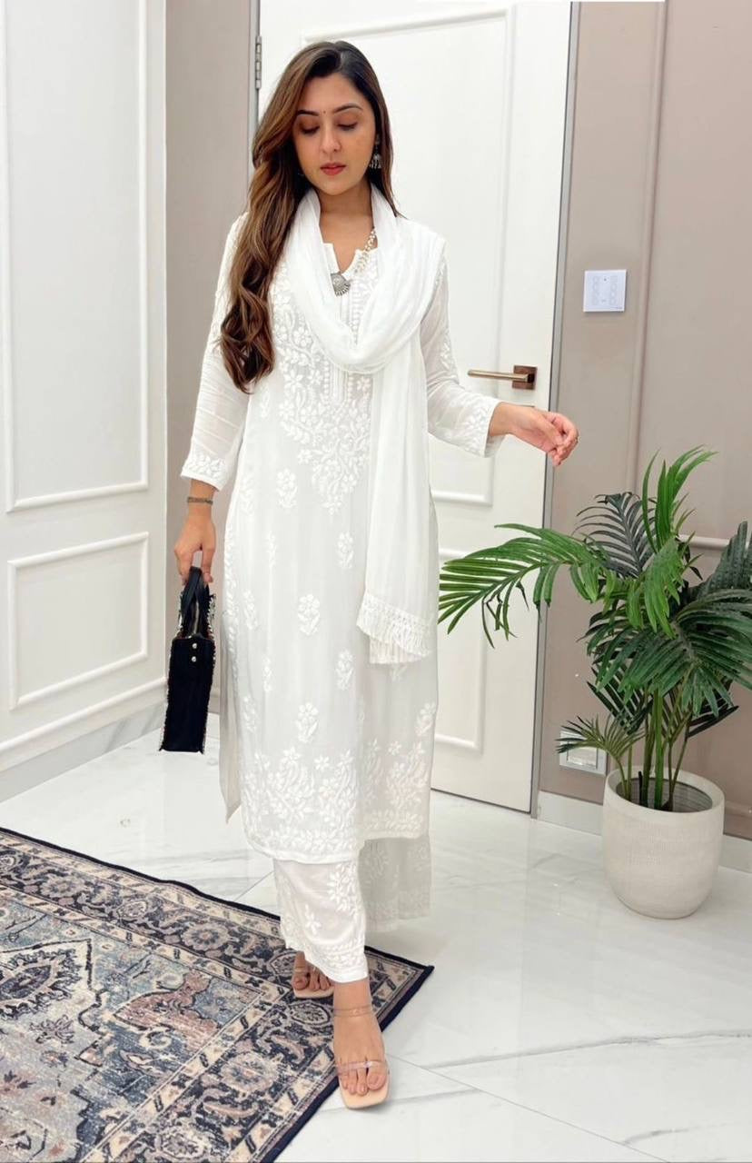 SUMMER MASLIN TOP WITH COTTON THREAD EMBROIDERED WORK AND WORK PLAZO WITH DUPATTA