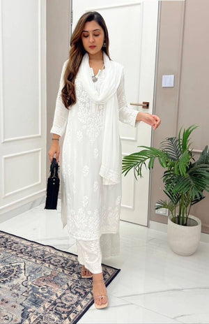 SUMMER MASLIN TOP WITH COTTON THREAD EMBROIDERED WORK AND WORK PLAZO WITH DUPATTA
