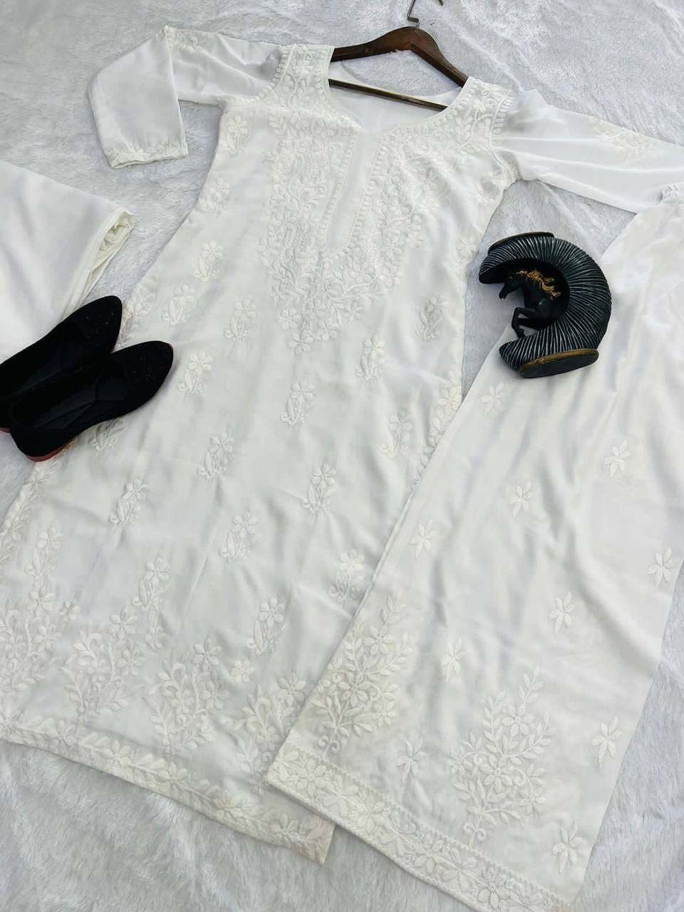 SUMMER MASLIN TOP WITH COTTON THREAD EMBROIDERED WORK AND WORK PLAZO WITH DUPATTA