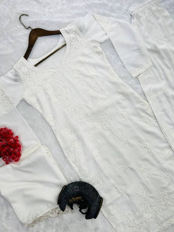 SUMMER MASLIN TOP WITH COTTON THREAD EMBROIDERED WORK AND WORK PLAZO WITH DUPATTA