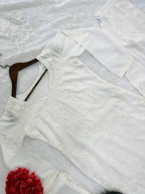 SUMMER MASLIN TOP WITH COTTON THREAD EMBROIDERED WORK AND WORK PLAZO WITH DUPATTA