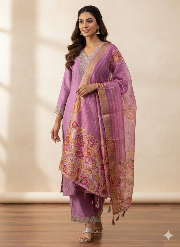 Roman Silk with Beautiful Embroidery Kurti Pent Dupatta Set