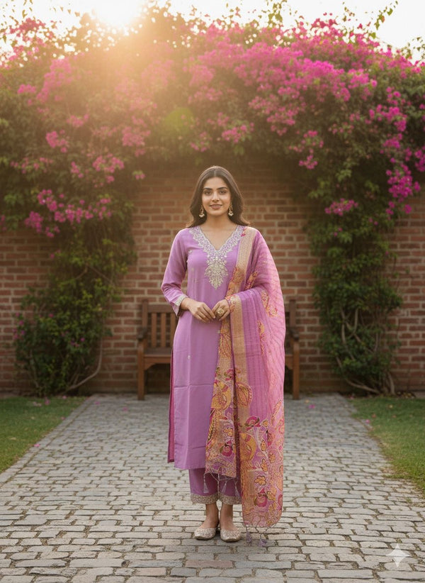 Roman Silk with Beautiful Embroidery Kurti Pent Dupatta Set