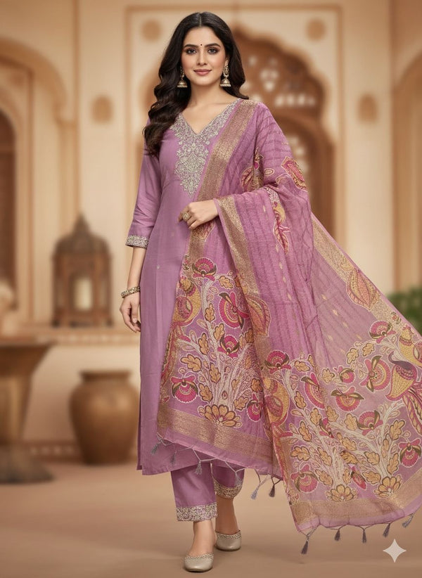 Roman Silk with Beautiful Embroidery Kurti Pent Dupatta Set