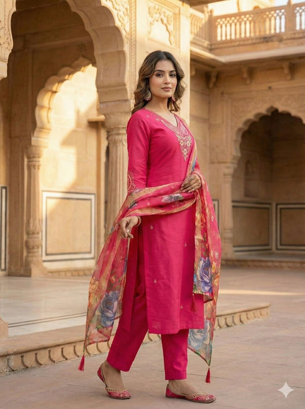 Roman Silk with Beautiful Embroidery Kurti Pent Dupatta Set