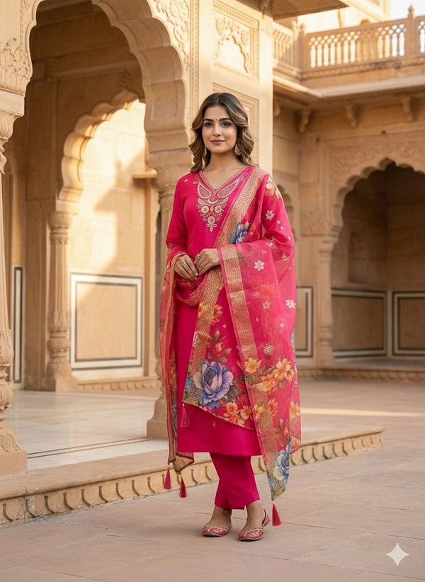 Roman Silk with Beautiful Embroidery Kurti Pent Dupatta Set