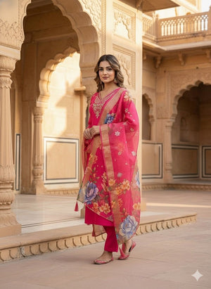 Roman Silk with Beautiful Embroidery Kurti Pent Dupatta Set