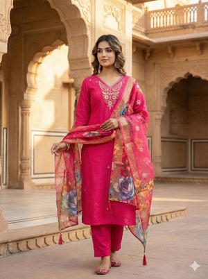 Roman Silk with Beautiful Embroidery Kurti Pent Dupatta Set