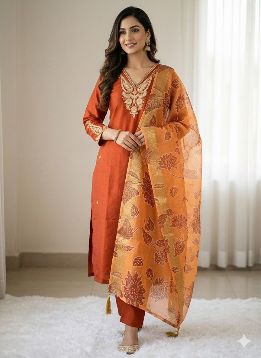 Roman Silk with Beautiful Embroidery Kurti Pent Dupatta Set