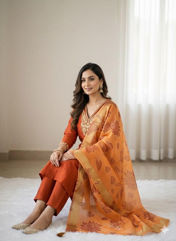 Roman Silk with Beautiful Embroidery Kurti Pent Dupatta Set