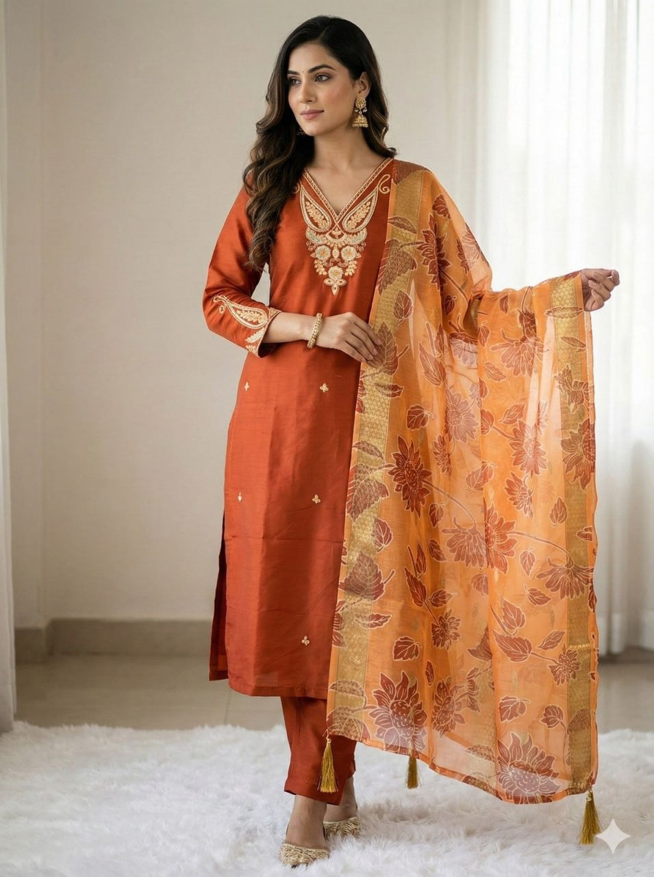 Roman Silk with Beautiful Embroidery Kurti Pent Dupatta Set