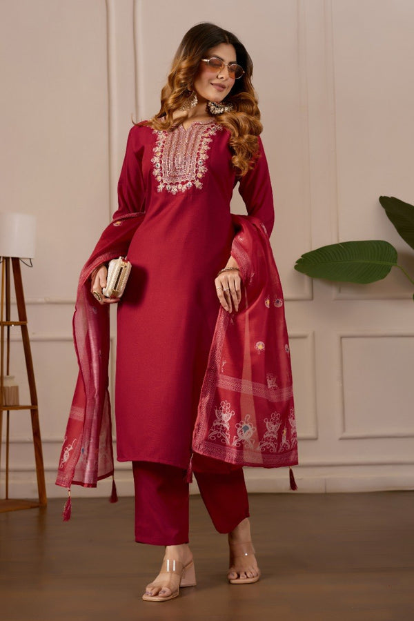 Lavender Embroidered Straight Kurta with Trousers & Dupatta