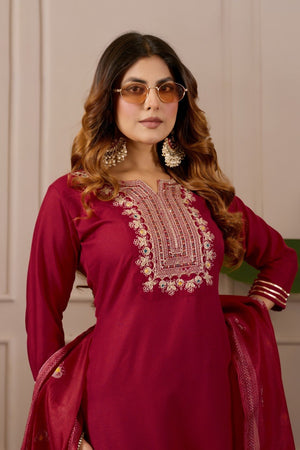 Lavender Embroidered Straight Kurta with Trousers & Dupatta