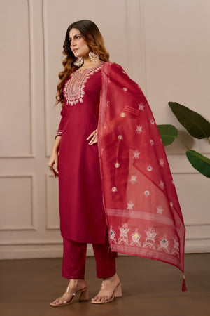 Lavender Embroidered Straight Kurta with Trousers & Dupatta