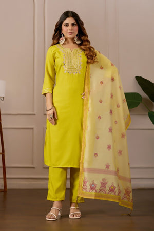 Lavender Embroidered Straight Kurta with Trousers & Dupatta