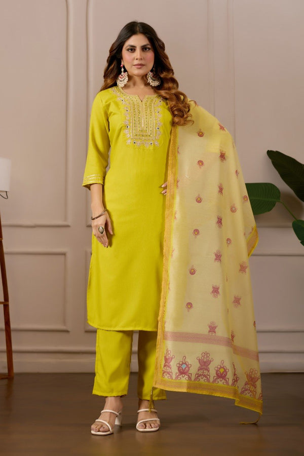 Lavender Embroidered Straight Kurta with Trousers & Dupatta