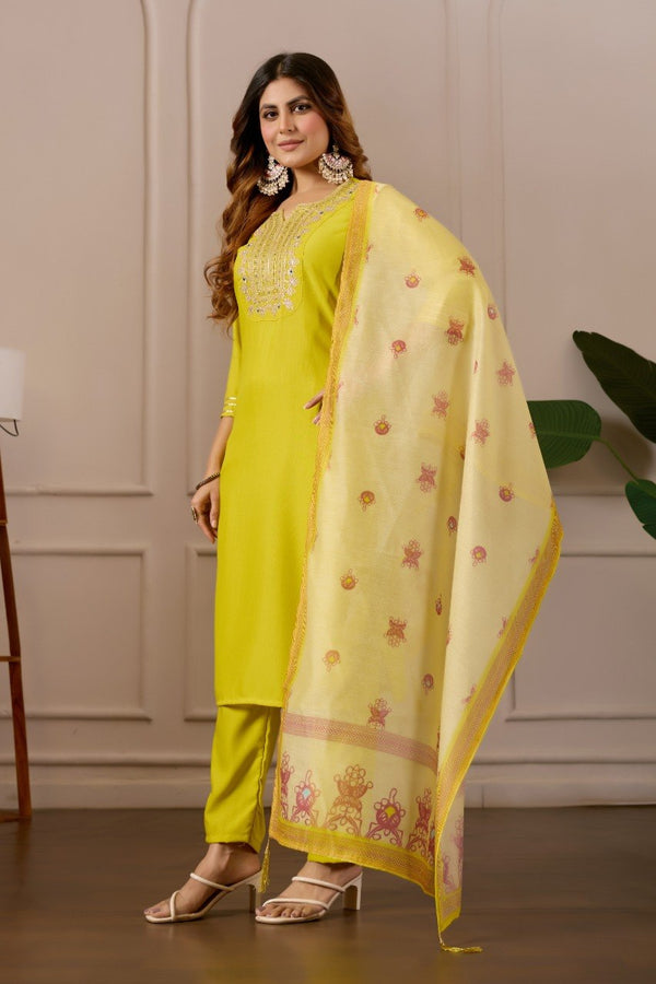 Lavender Embroidered Straight Kurta with Trousers & Dupatta