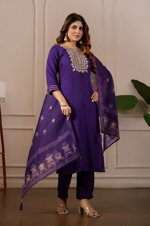 Lavender Embroidered Straight Kurta with Trousers & Dupatta