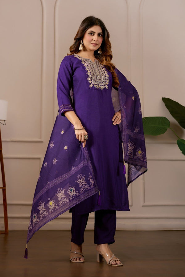 Lavender Embroidered Straight Kurta with Trousers & Dupatta