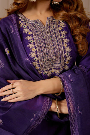 Lavender Embroidered Straight Kurta with Trousers & Dupatta