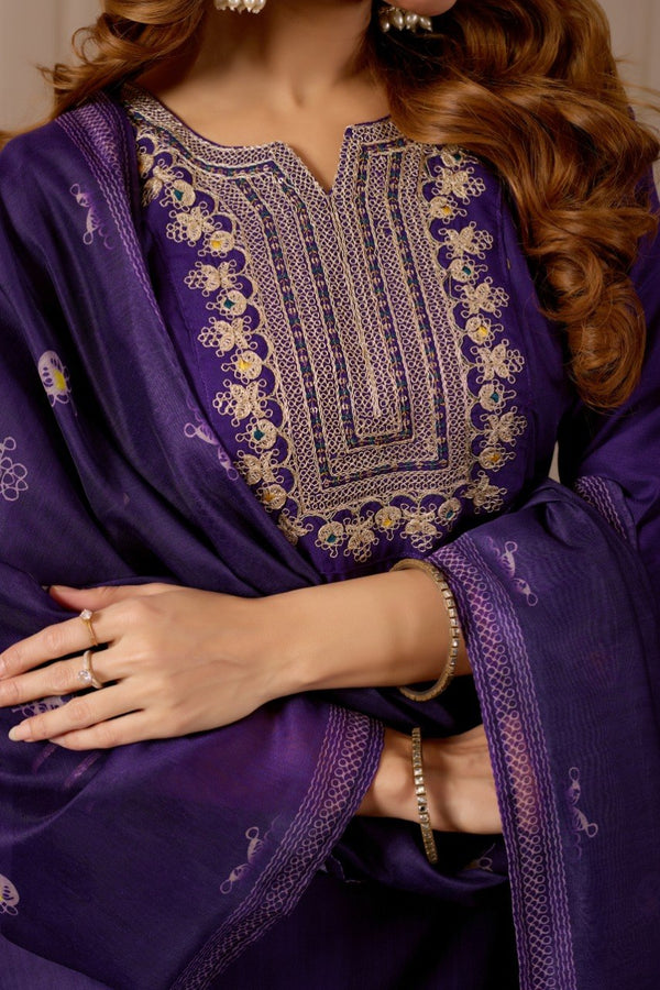 Lavender Embroidered Straight Kurta with Trousers & Dupatta