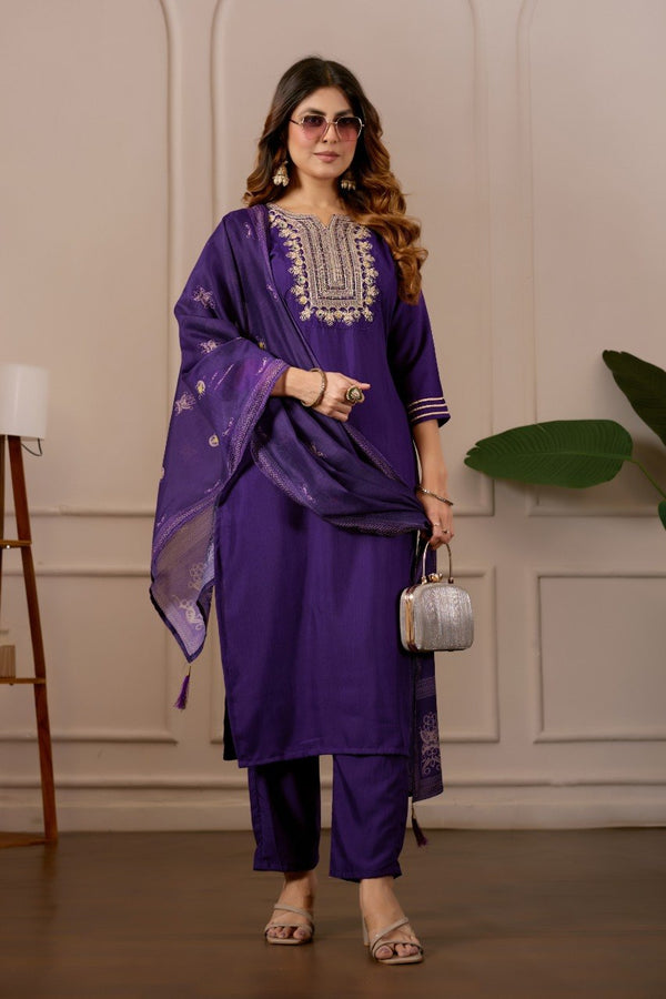 Lavender Embroidered Straight Kurta with Trousers & Dupatta