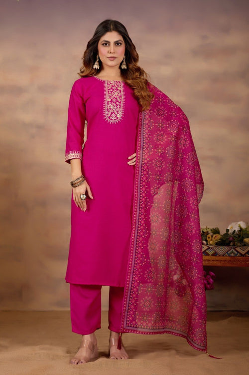 Women Ethnic Embroidered Thread Work Kurta with Trousers & Dupatta