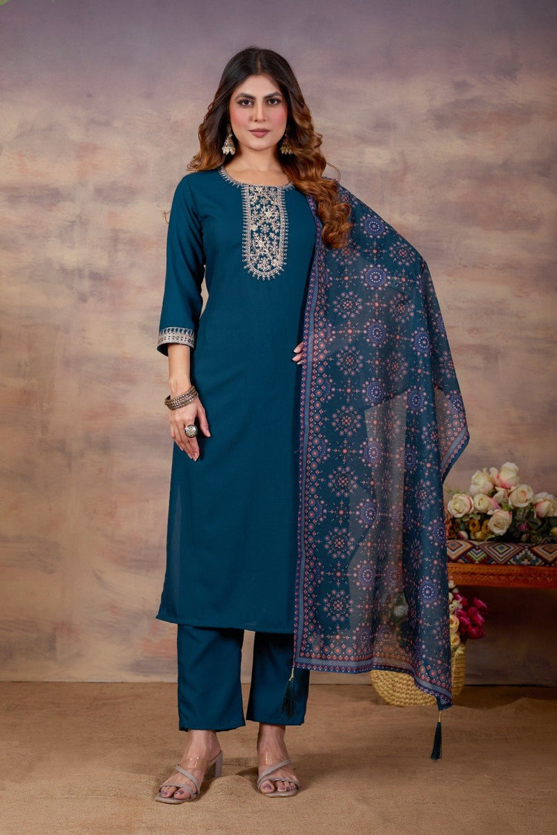 Women Ethnic Embroidered Thread Work Kurta with Trousers & Dupatta