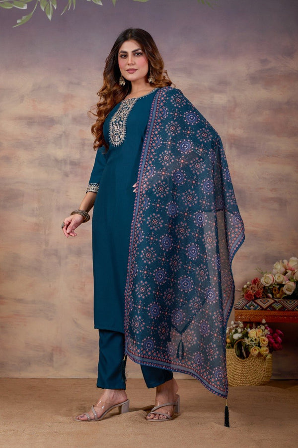 Women Ethnic Embroidered Thread Work Kurta with Trousers & Dupatta