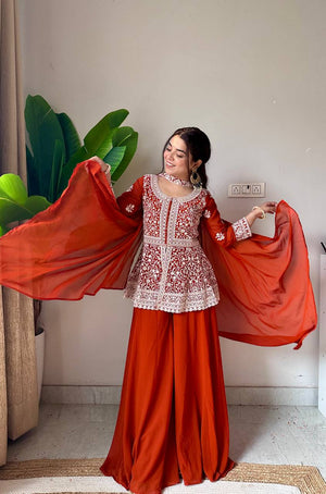 EMBROIDERED PEPLUM TOP WITH PLAZZO PAIR