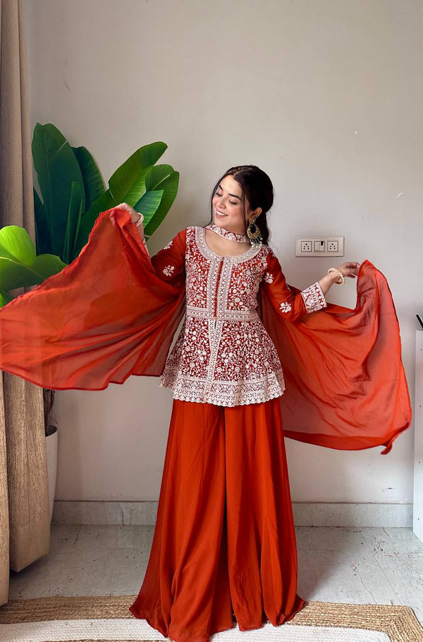 EMBROIDERED PEPLUM TOP WITH PLAZZO PAIR