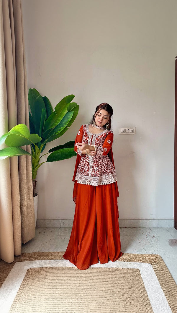 EMBROIDERED PEPLUM TOP WITH PLAZZO PAIR