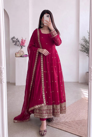 Wine Magenta Embroidered Anarkali Suit Set for Women with Dupatta