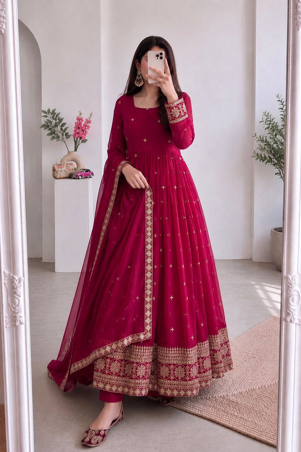 Wine Magenta Embroidered Anarkali Suit Set for Women with Dupatta
