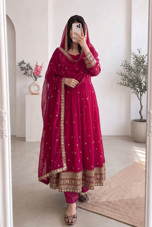 Wine Magenta Embroidered Anarkali Suit Set for Women with Dupatta