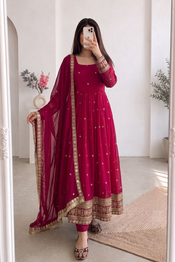 Wine Magenta Embroidered Anarkali Suit Set for Women with Dupatta