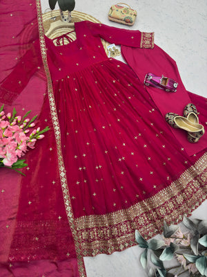Wine Magenta Embroidered Anarkali Suit Set for Women with Dupatta