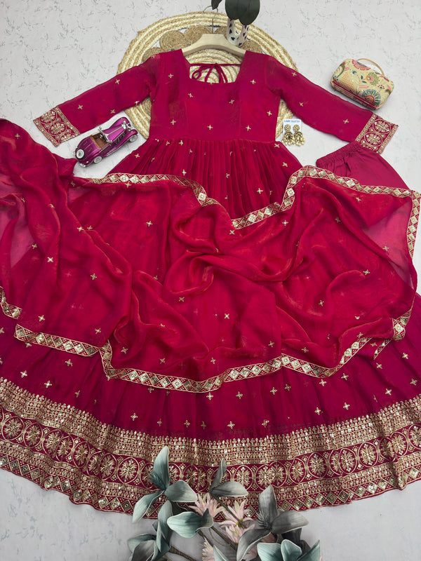 Wine Magenta Embroidered Anarkali Suit Set for Women with Dupatta