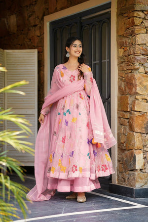 Pink Embroidered Anarkali Suit Set with Dupatta | Floral Ethnic Dress for Women